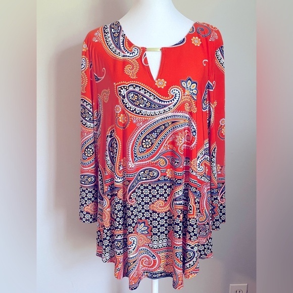 Ruby Red Tunic Top size Large Orange Paisley 3 quarter length sleeves - Picture 1 of 8